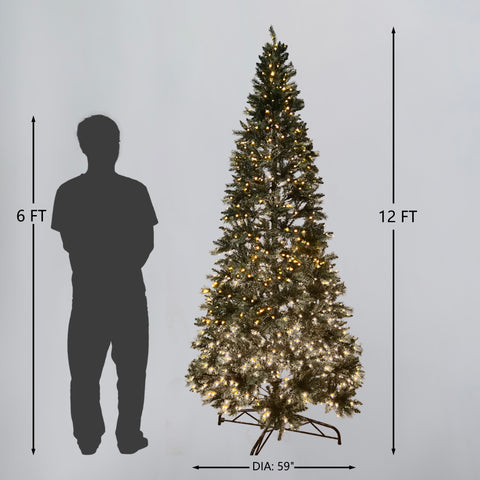 12Ft Pre-Lit Hard Needle/Pvc Tips Artificial Tree W/O Flock (Green)