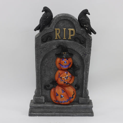 24.75'' Foam RIP Tombstone Décor with Stacked Pumpkins & Crows – Halloween Yard Decoration for Spooky Haunted Outdoor Displays
