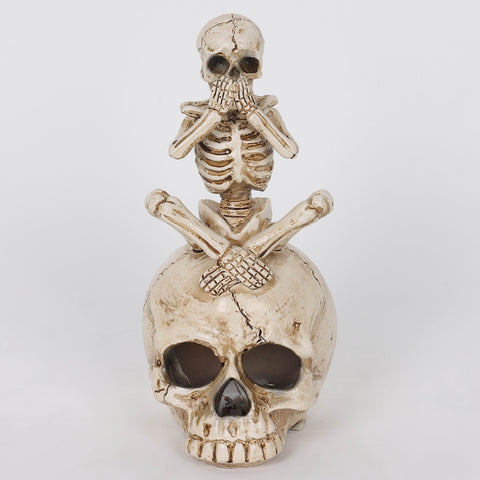 3.0*3.5*6.75'' Resin Covering Mouth Skeleton Sitting On Skull Décor W/Lite