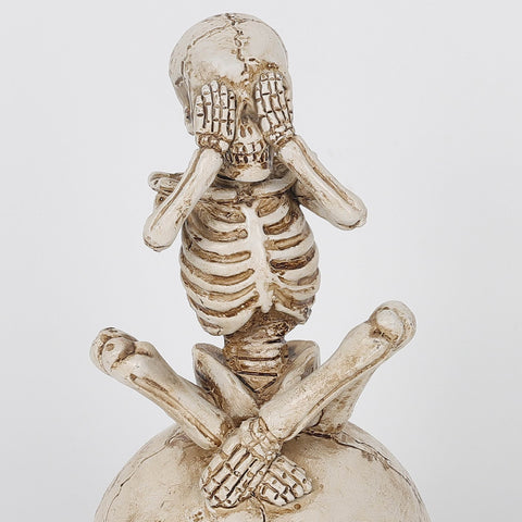 3.0*3.5*6.75'' Resin Covering Eyes Skeleton Sitting On Skull Décor W/Lite