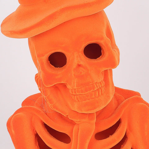 5.5*4.5*10.25''Orange Flocking Thinking Skeleton W/Hat Décor