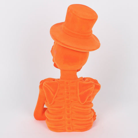 5.5*4.5*10.25''Orange Flocking Thinking Skeleton W/Hat Décor