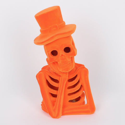 5.5*4.5*10.25''Orange Flocking Thinking Skeleton W/Hat Décor