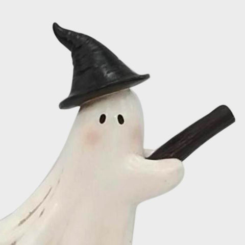 7.75" Resin Ghost Witch Figurine | Halloween Broomstick Decor | Spooky Witch Ghost