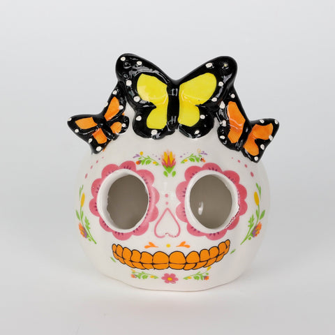 Day of the Dead Lighted Ceramic Skull with Butterfly