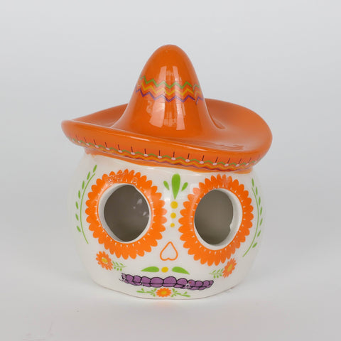 Day of the Dead Lighted Ceramic Skull with Sombrero