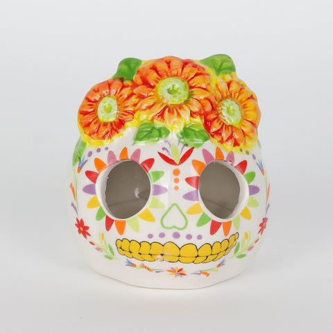 Day of the Dead Lighted Ceramic Sugar Skull: Festive Illuminated Decoration