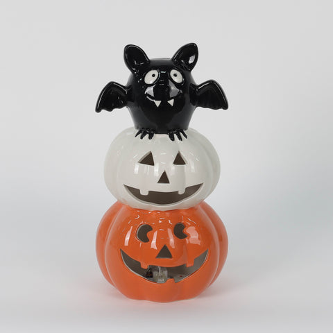 Halloween Lighted Stacked Ceramic Pumpkin with Bat: Spooky Illuminated Décor