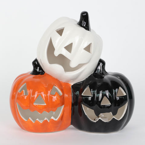 Halloween Light Up Ceramic Stacked Pumpkins: Orange, Black, and White