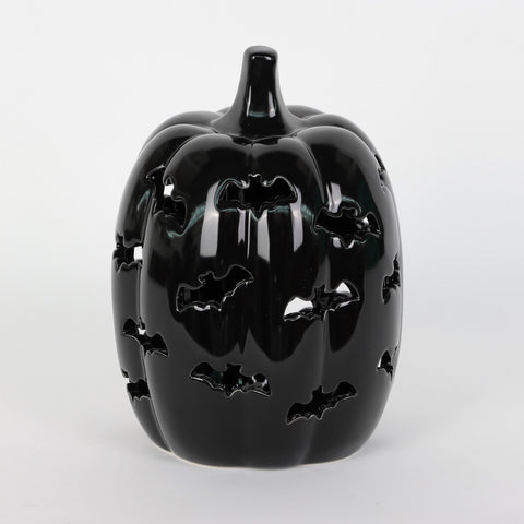 Halloween Light Up Black Ceramic Hollow Bat Pumpkin: Spooky Illuminated Decoration