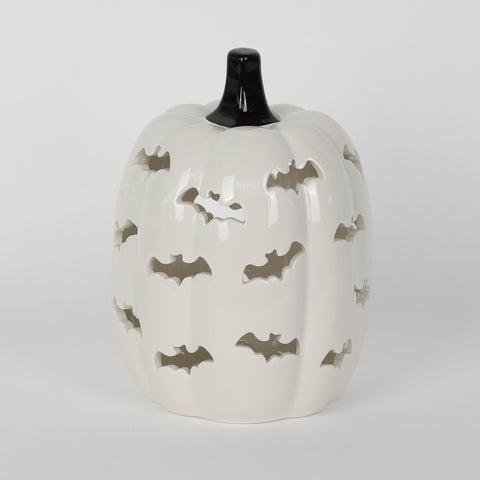 Halloween Light Up White Ceramic Hollow Bat Pumpkin: Spooky Illuminated Decoration