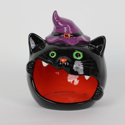 Halloween Black Cat Ceramic Candy Bowl with Purple Hat