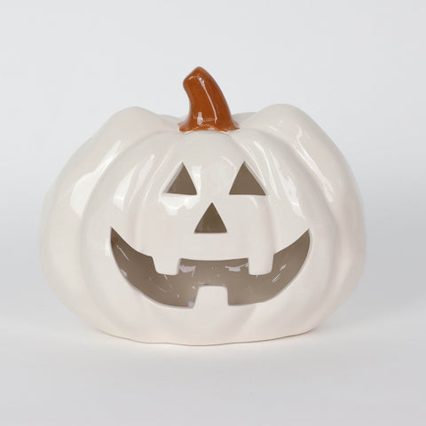 Halloween Ceramic Light-Up White Jack-o'-Lantern | Halloween Decoration with LED Lights