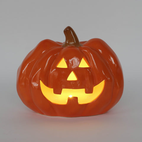 Halloween Ceramic Light-Up Orange Jack-o'-Lantern | Halloween Decoration with LED Lights
