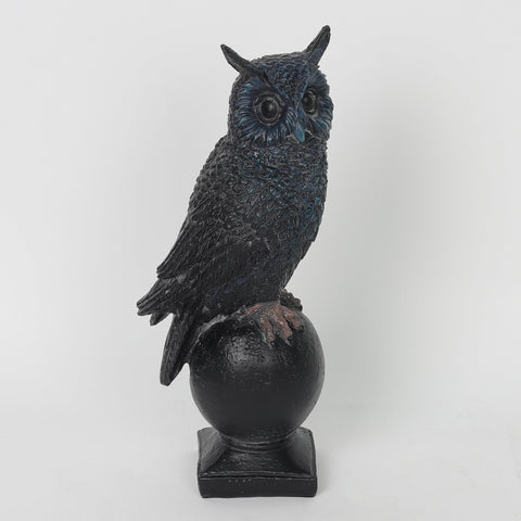 4.75*3.5*12.0'' Balck Owl Standing On A Stone Column Décor