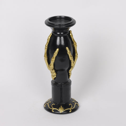 3.25*9''Black Poly Candle Holder Decor W/A Pair Of Golden Hand