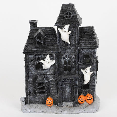 Halloween Light-Up Polyresin Haunted House with Blue LED