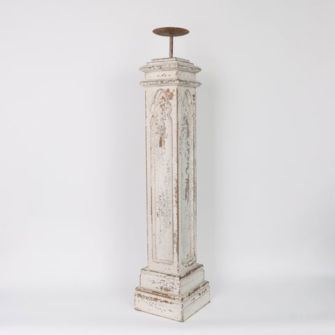 Gothic-Inspired Washed White Wooden Candle Holder – Decorative Rustic Tabletop Accent,