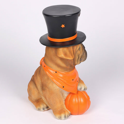 18.5’’H Halloween Resin Dog with Moving LED Eyes and jack-o-lantern – Indoor Halloween Decoration