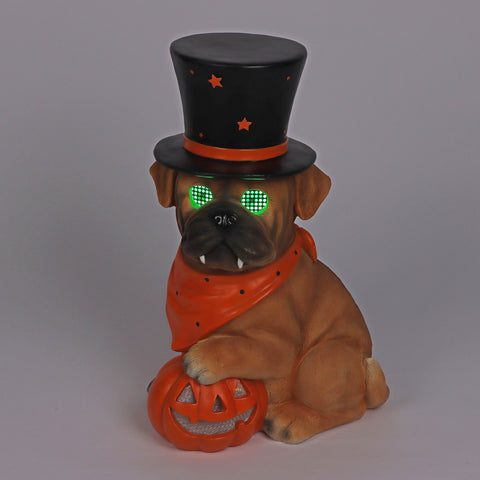 18.5’’H Halloween Resin Dog with Moving LED Eyes and jack-o-lantern – Indoor Halloween Decoration