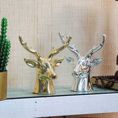 10,25 x 6,25 x 11,75"H Décor de tête de cerf en céramique plaqué or