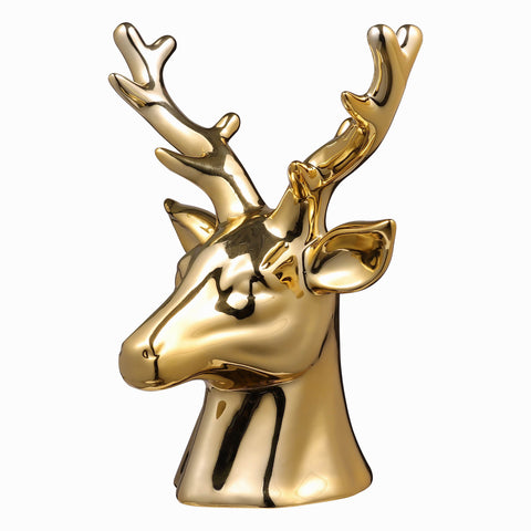 10,25 x 6,25 x 11,75"H Décor de tête de cerf en céramique plaqué or