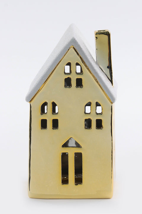 3.375 x 2.75 x 6"H Maison en céramique plaquée or éclairée