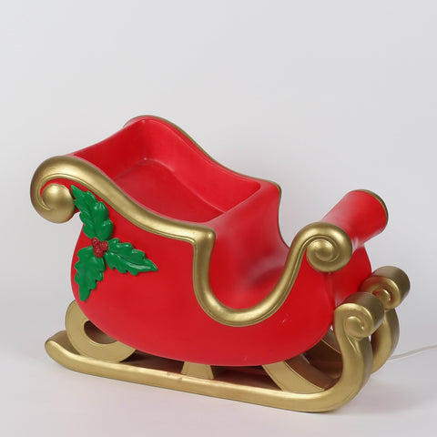 Christmas Plastic Red & Gold Sleigh Décor with Light- Blow Mold Festive Holiday Decoration
