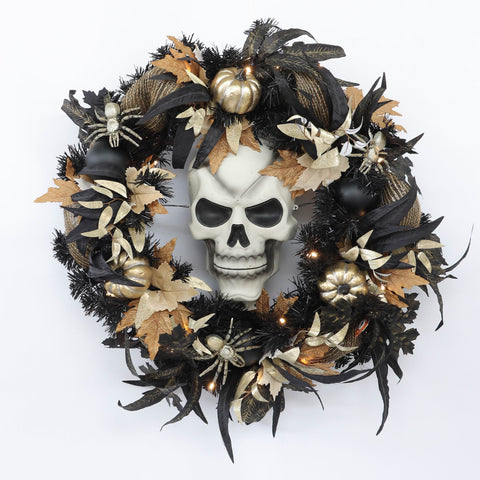 ?24*7'' Lighting Skull Wreath W/Gold Pumkins Décor
