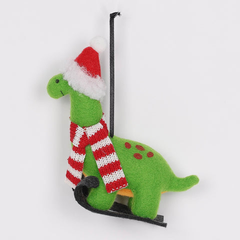 Skiing Dinosaur Christmas Ornament with Santa Hat