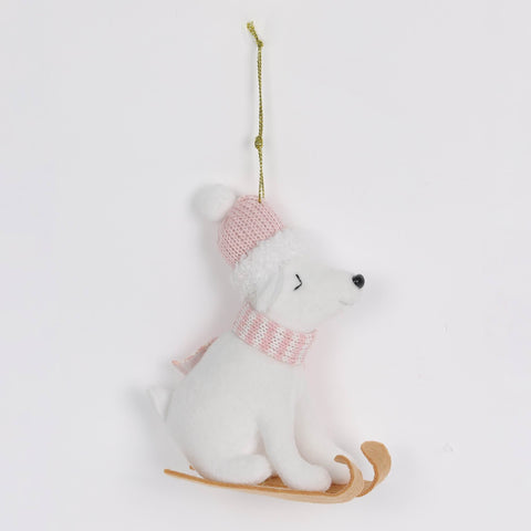 Polar Bear on Sled Christmas Ornament with Pink Hat