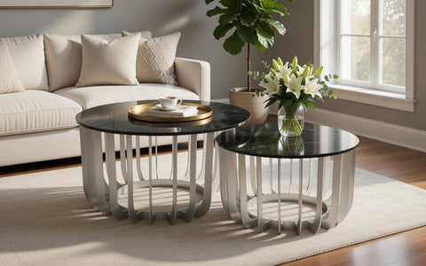 Stylish Nested Full Round Table Set with Modern Design and Durable Construction - Ideal for Efficient Living Spaces (2 pcs) I595-NXAJ010
