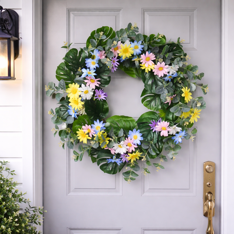Faux Floral Wreath, Stunning 20 Inch with Green Leaves & Vibrant Flowers: Blue, Yellow, Purple
