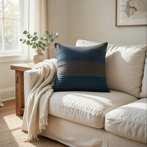 Aari  Embroidery And Pintuck  Cushion Cover Made On Front Cotton Sheeting & Back Cotton Chambray, With Concealed Zip
