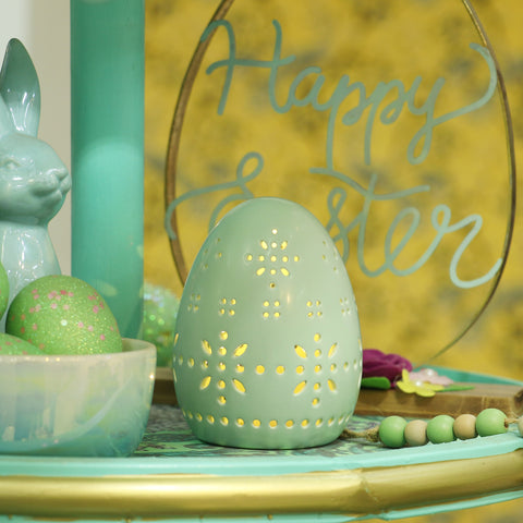 Light Up Ceramic Hollow Cutout Egg-Green