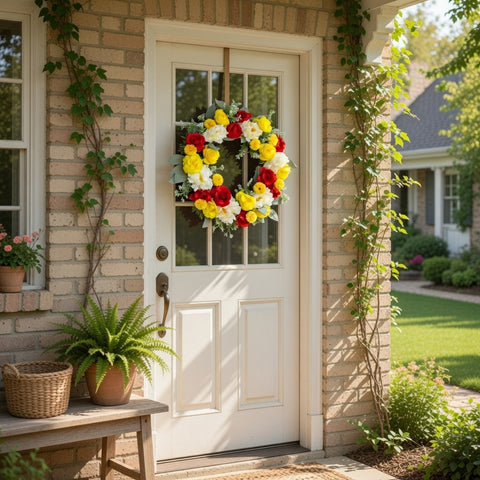Faux Red, Yellow, and White Floral 20 Inch Wreath, Spring Collection
