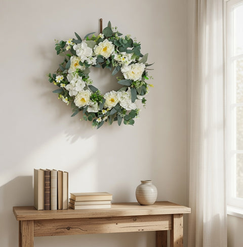 Faux White Peony Wreath, 20 Inch White Flowers, Green Leaves, and Natural Sticks