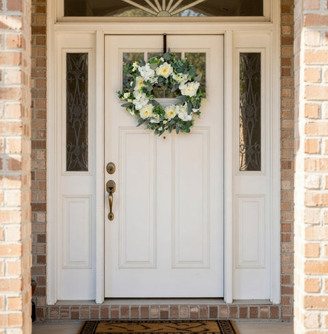 Faux White Peony Wreath, 20 Inch White Flowers, Green Leaves, and Natural Sticks