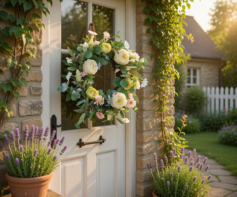 Faux Peony Wreath, 20 Inch White Flowers and Green Leaves for Spring