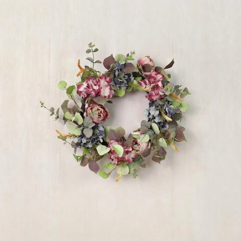 Faux Floral 20 Inch Pink Peony Wreath, Light Pink and Blue Flower Arrangement with Green Leaves