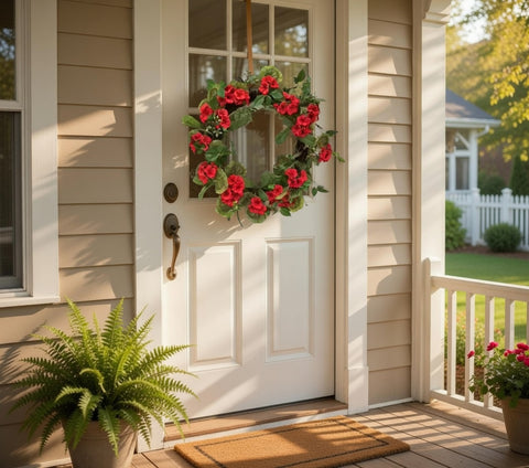 Faux Red Floral Spring 22 Inch Wreath, Vibrant Spring Home Decor