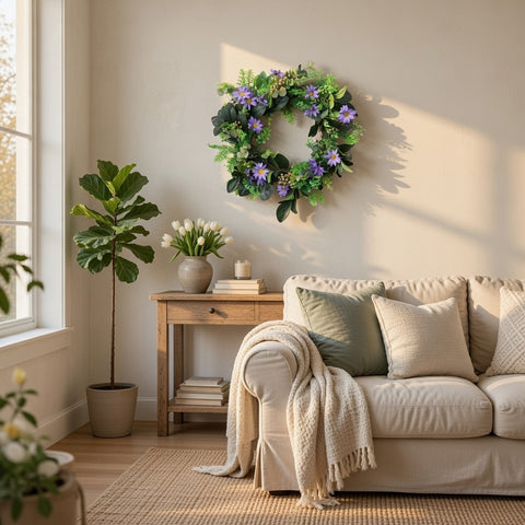 Faux Floral Wreath, Stunning Wreath with an Accent of Purple Flowers