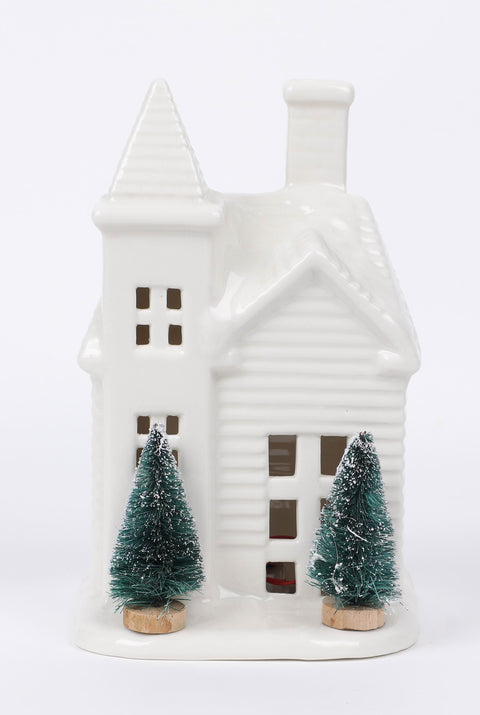 4.75 X 4.375 X 7.75"H Light-Up White Ceramic House Decor