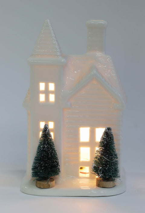 4.75 X 4.375 X 7.75"H Light-Up White Ceramic House Decor