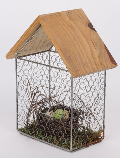 7.5*4.5*9.75 In Metal Mesh House W/Bird Nest Décor