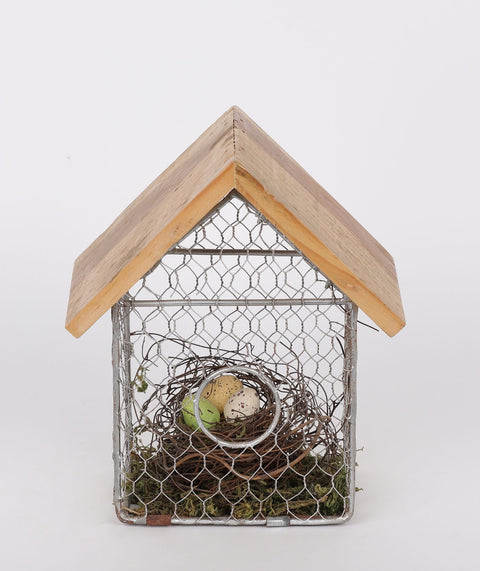 5.5*3.75*6.75'' In Metal Mesh House W/Bird Nest Décor