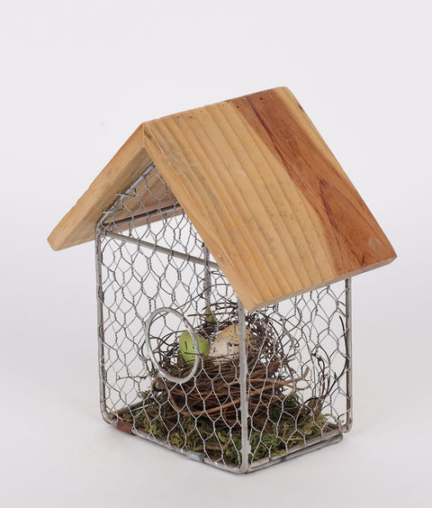 5.5*3.75*6.75'' In Metal Mesh House W/Bird Nest Décor