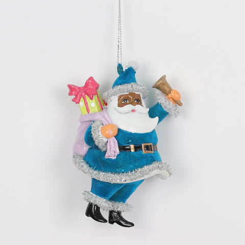 Christmas 4.5In Black Santa In Blue Suit W/Gifts Ornament