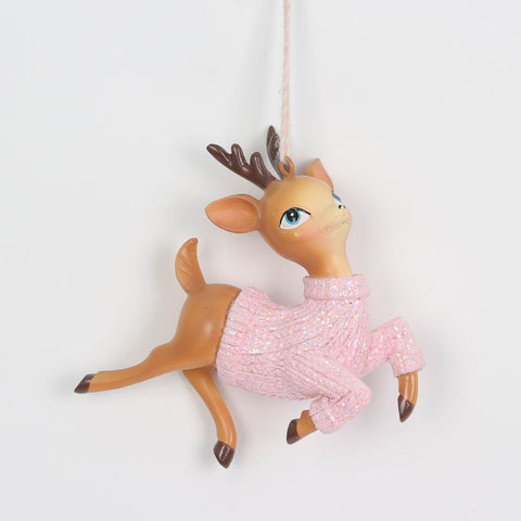 Christmas Reindeer Tree Hanging Ornament with Pink Sweater | Festive Holiday Decor
