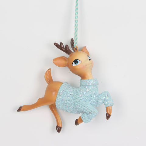 Christmas Reindeer Tree Hanging Ornament with Blue Sweater | Festive Holiday Decor